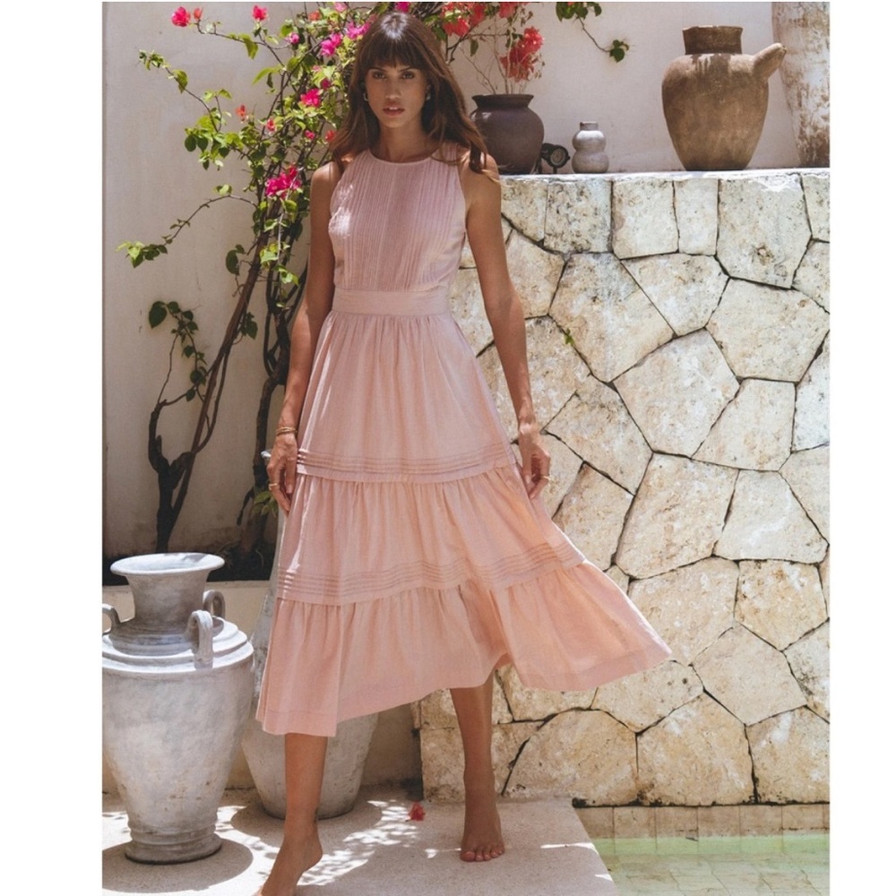 Pampelone Perle Cotton Midi Dress Size S Light Pink Tiered Boho Cottagecore